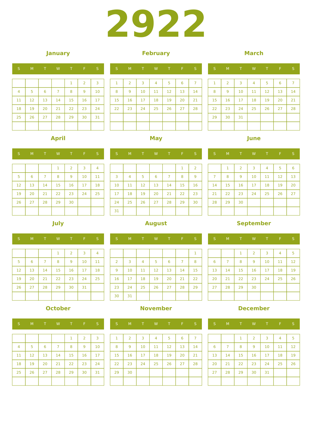 Printable 2922 Year Calendars chartreuse