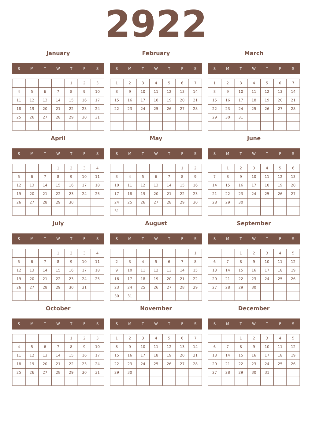 Printable 2922 Year Calendars coffe