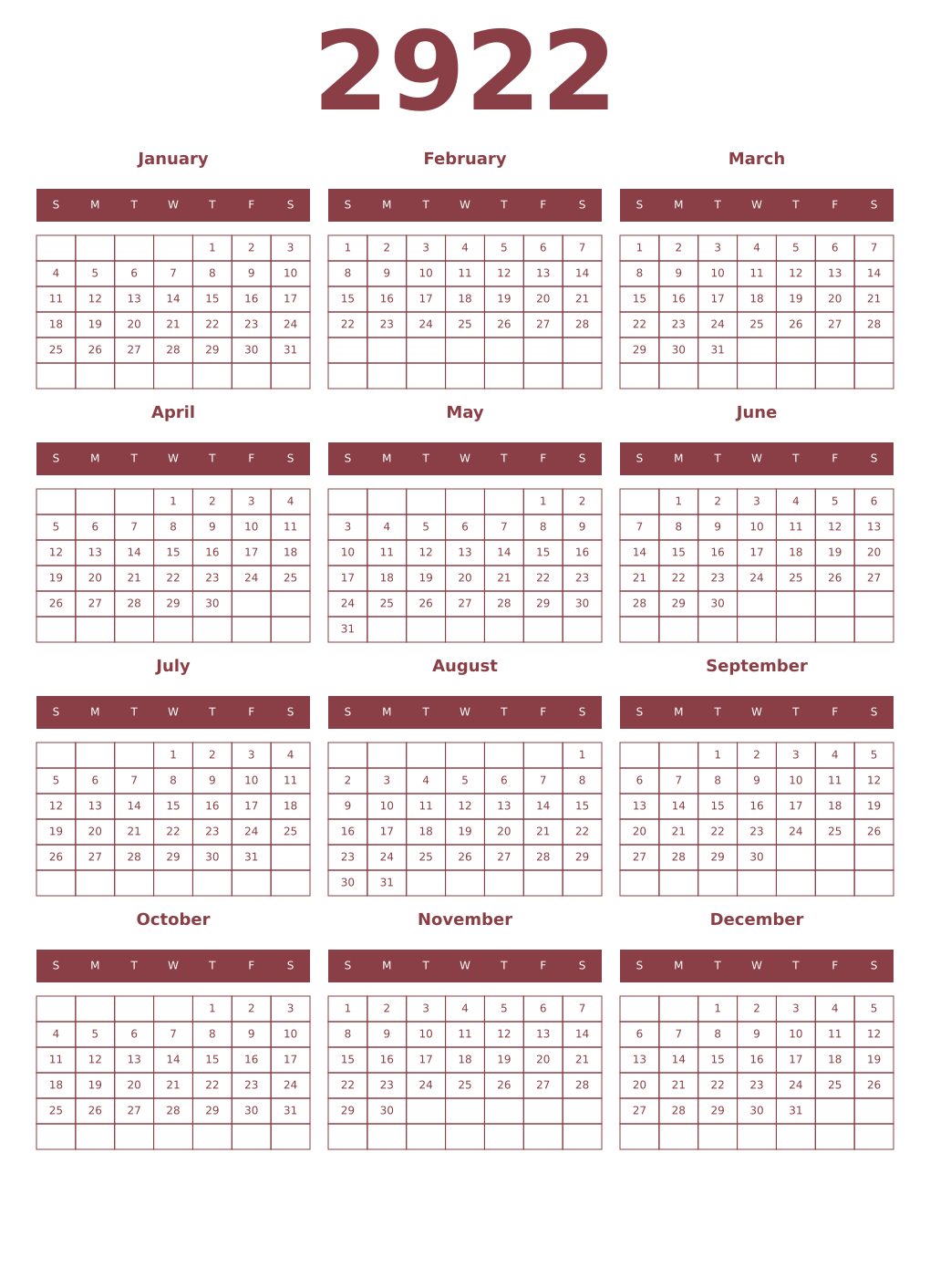 Printable 2922 Year Calendars cordovan