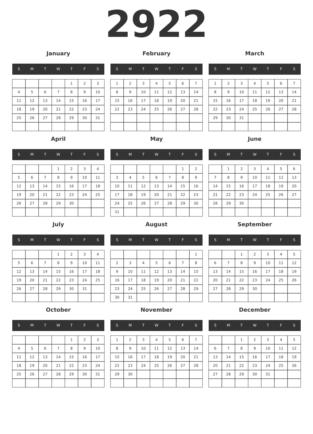 Printable 2922 Year Calendars dark
