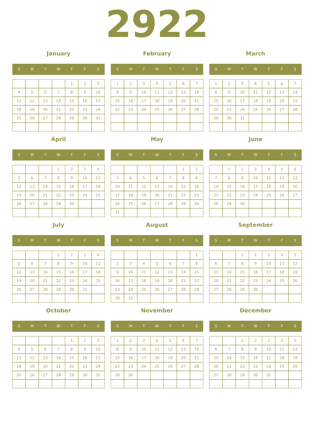 Printable 2922 Year Calendars eburnean