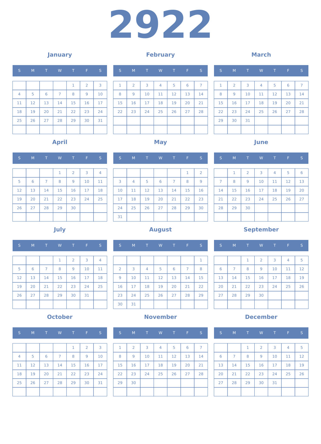 Printable 2922 Year Calendars glaucous