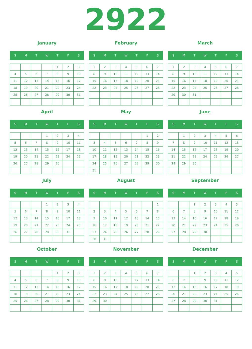 Printable 2922 Year Calendars green