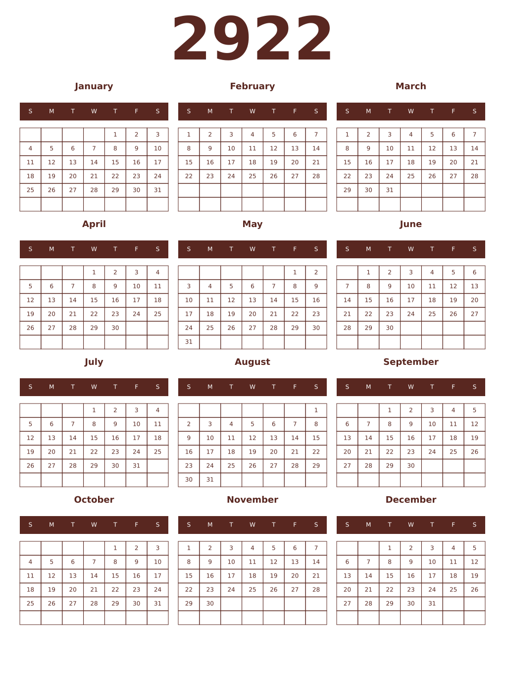 Printable 2922 Year Calendars mortuum