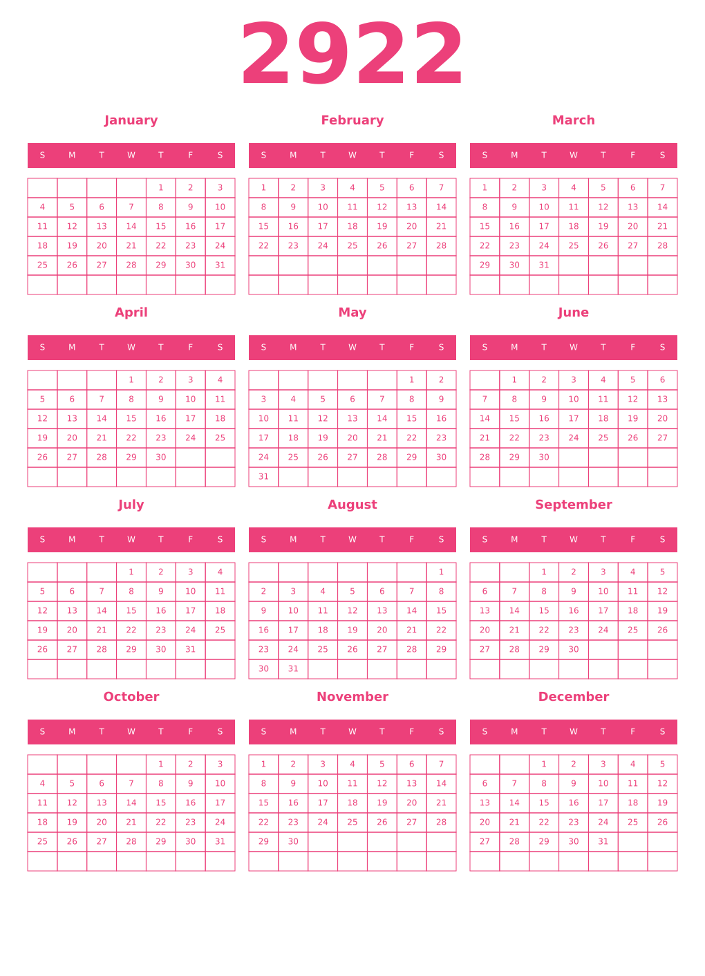 Printable 2922 Year Calendars pink