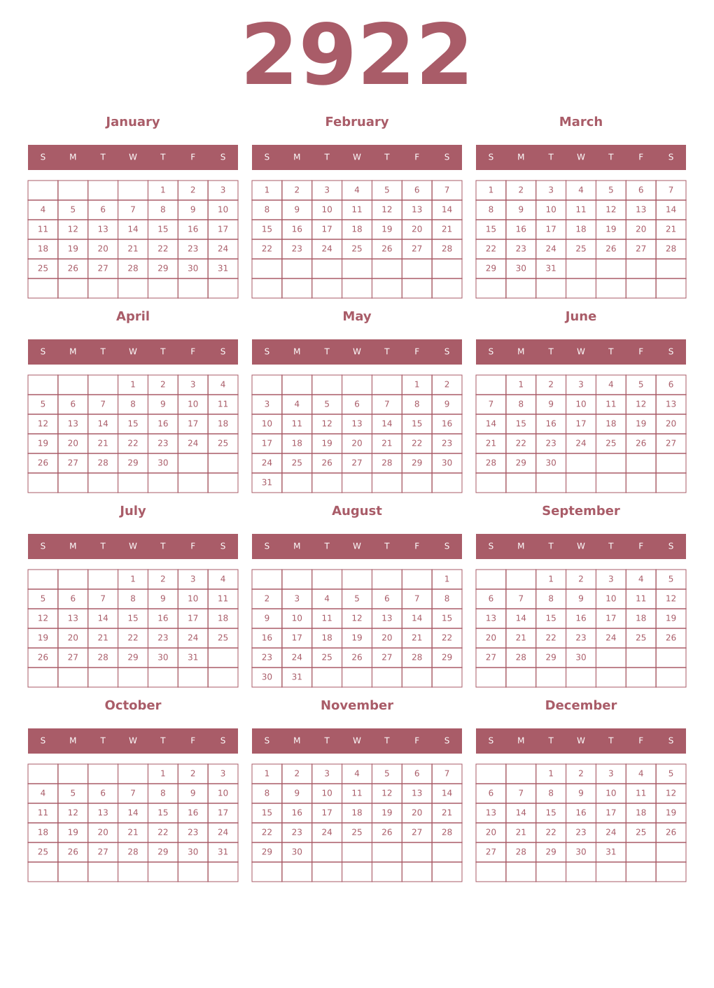 Printable 2922 Year Calendars puce