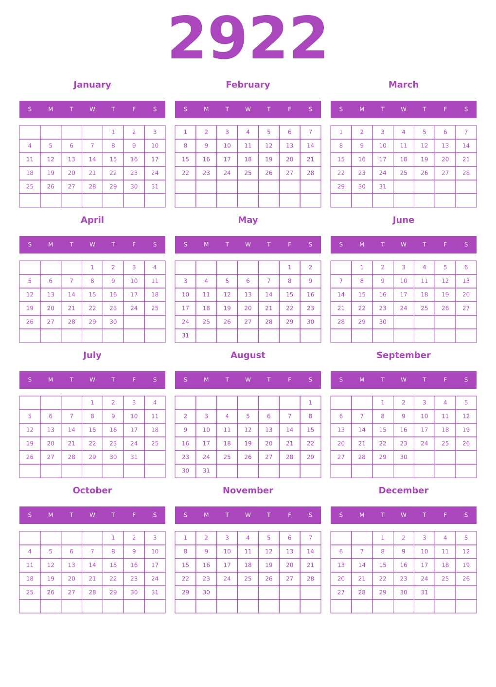 Printable 2922 Year Calendars purple