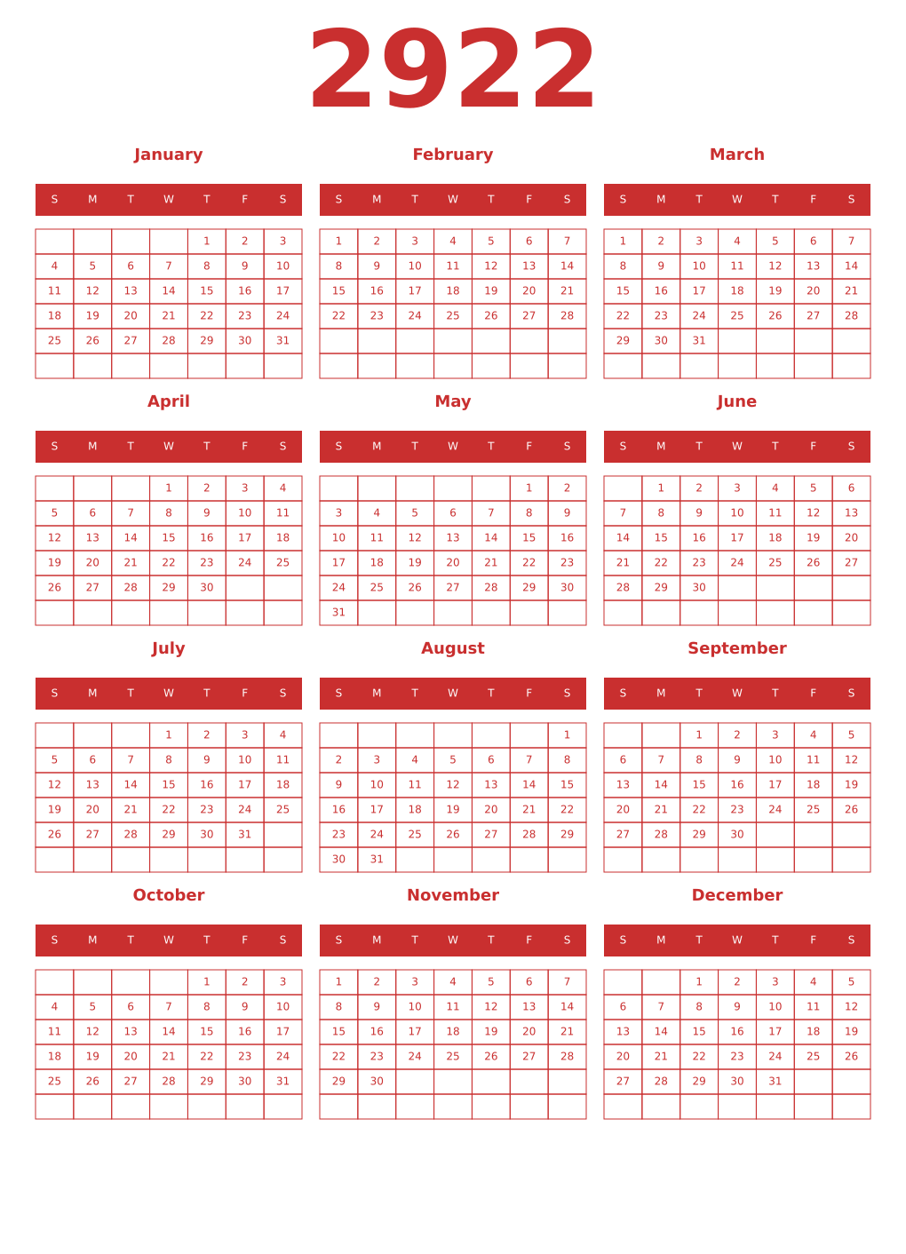 Printable 2922 Year Calendars red