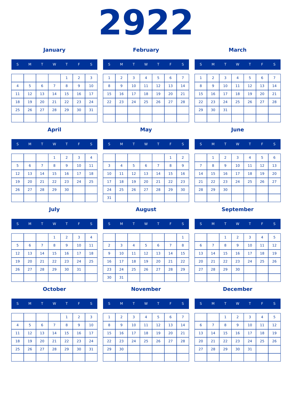Printable 2922 Year Calendars smalt