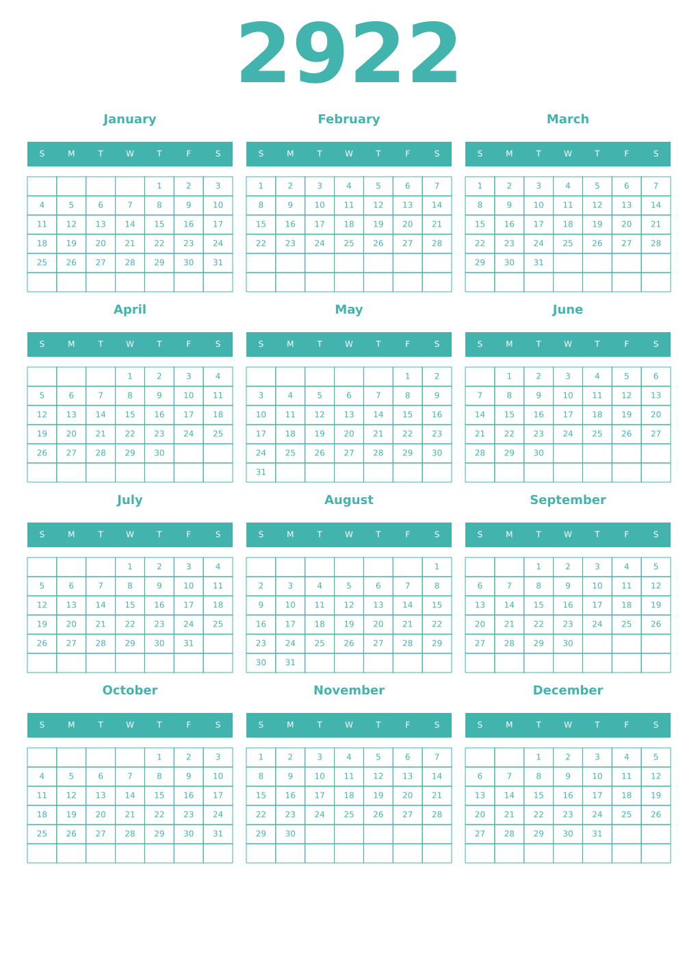 Printable 2922 Year Calendars verdigris