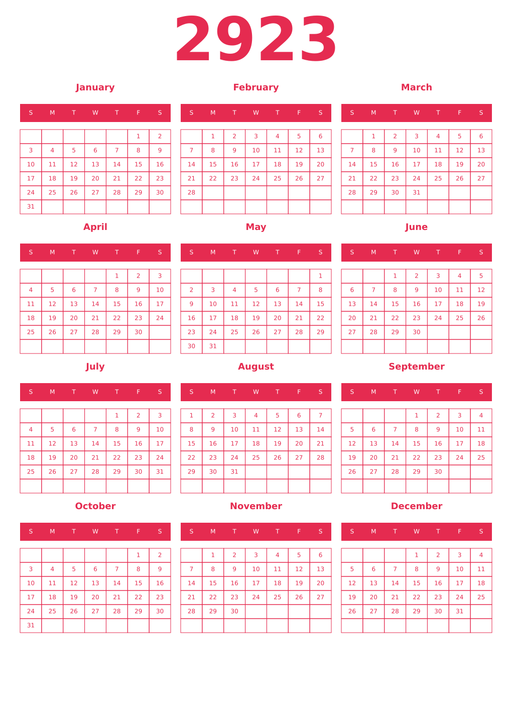 Printable 2923 Year Calendars amaranth