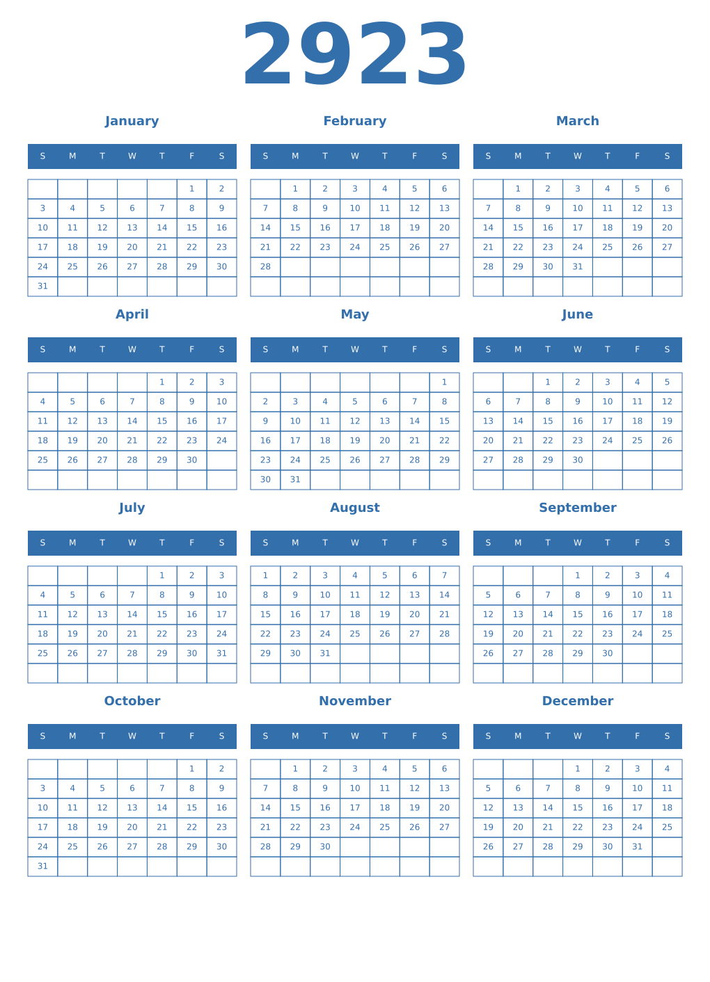 Printable 2923 Year Calendars blue