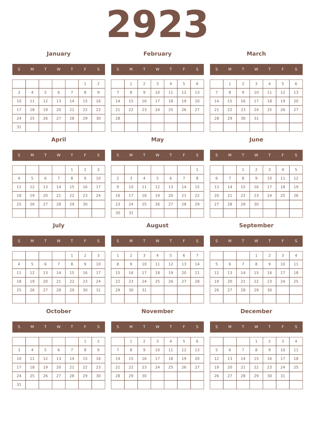 Printable 2923 Year Calendars coffe
