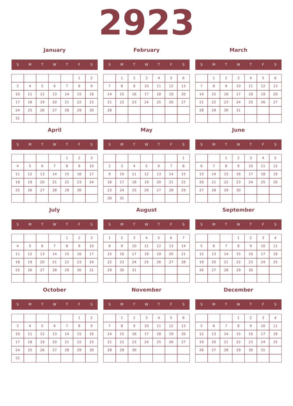 Printable 2923 Year Calendars cordovan