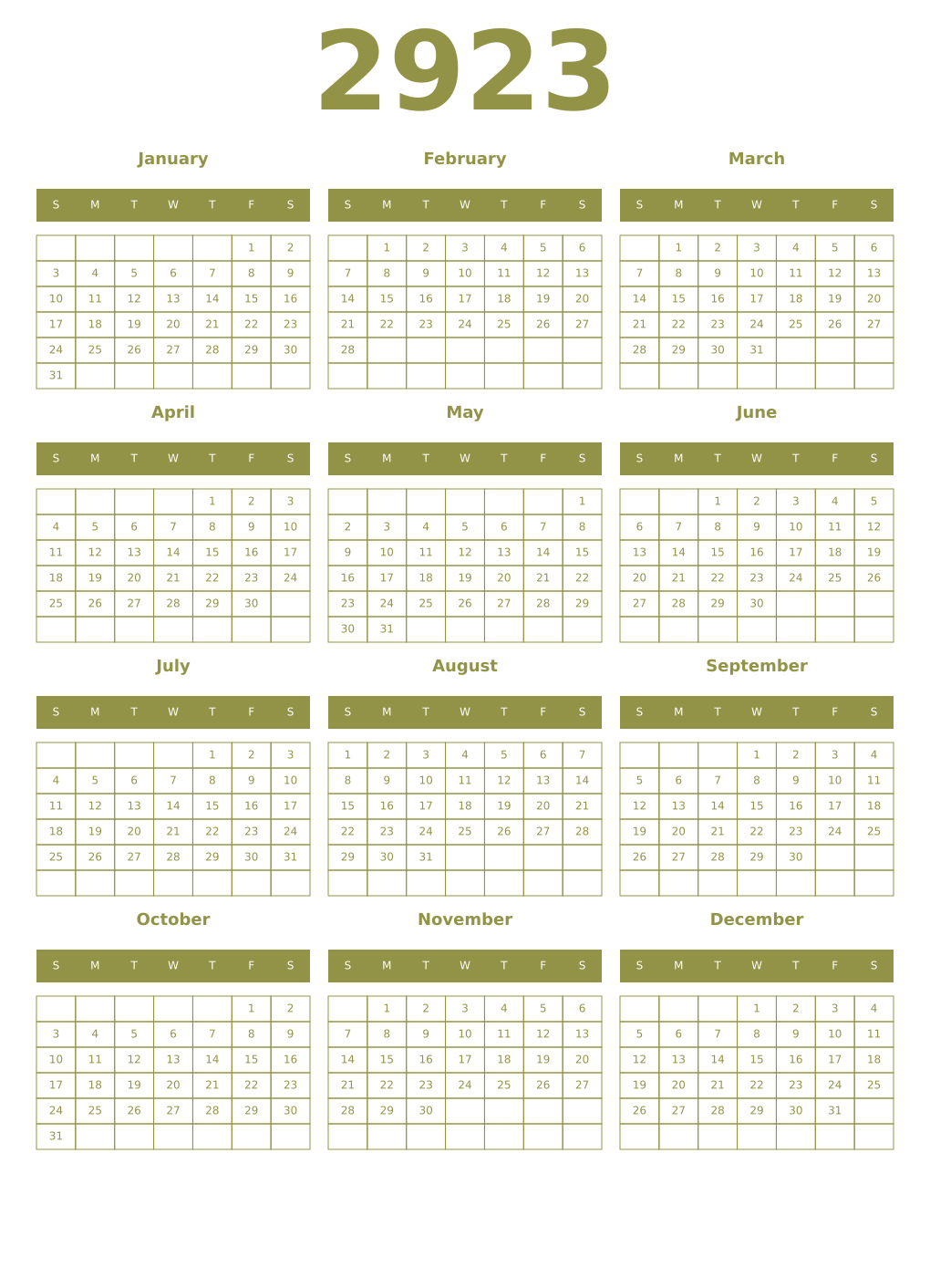 Printable 2923 Year Calendars eburnean
