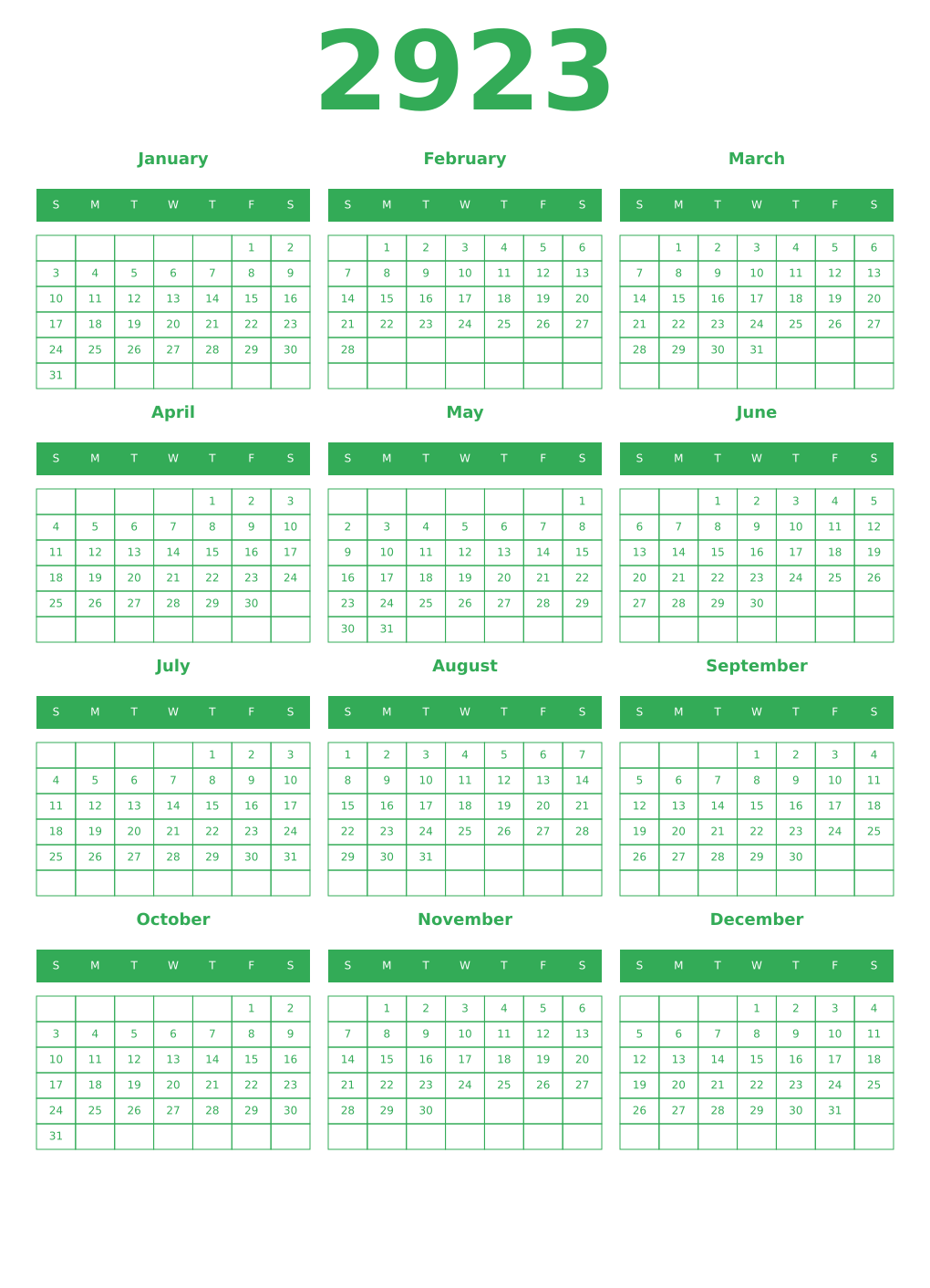 Printable 2923 Year Calendars green
