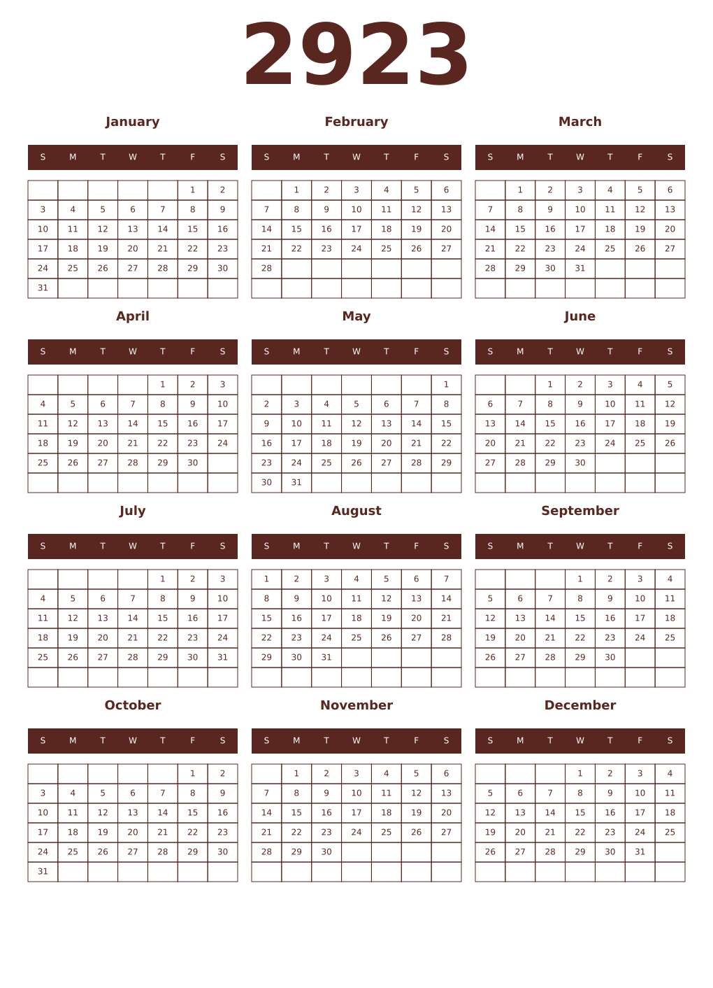 Printable 2923 Year Calendars mortuum