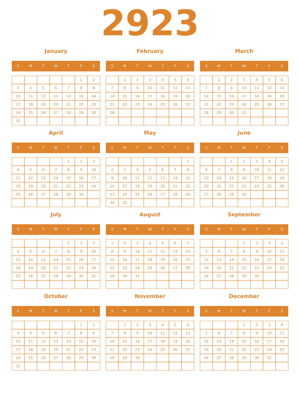 Printable 2923 Year Calendars orange