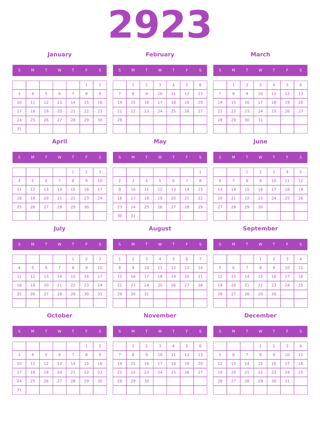 Printable 2923 Year Calendars purple