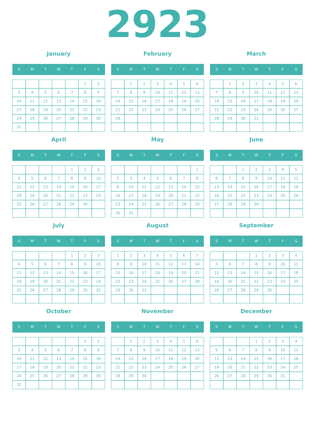 Printable 2923 Year Calendars verdigris