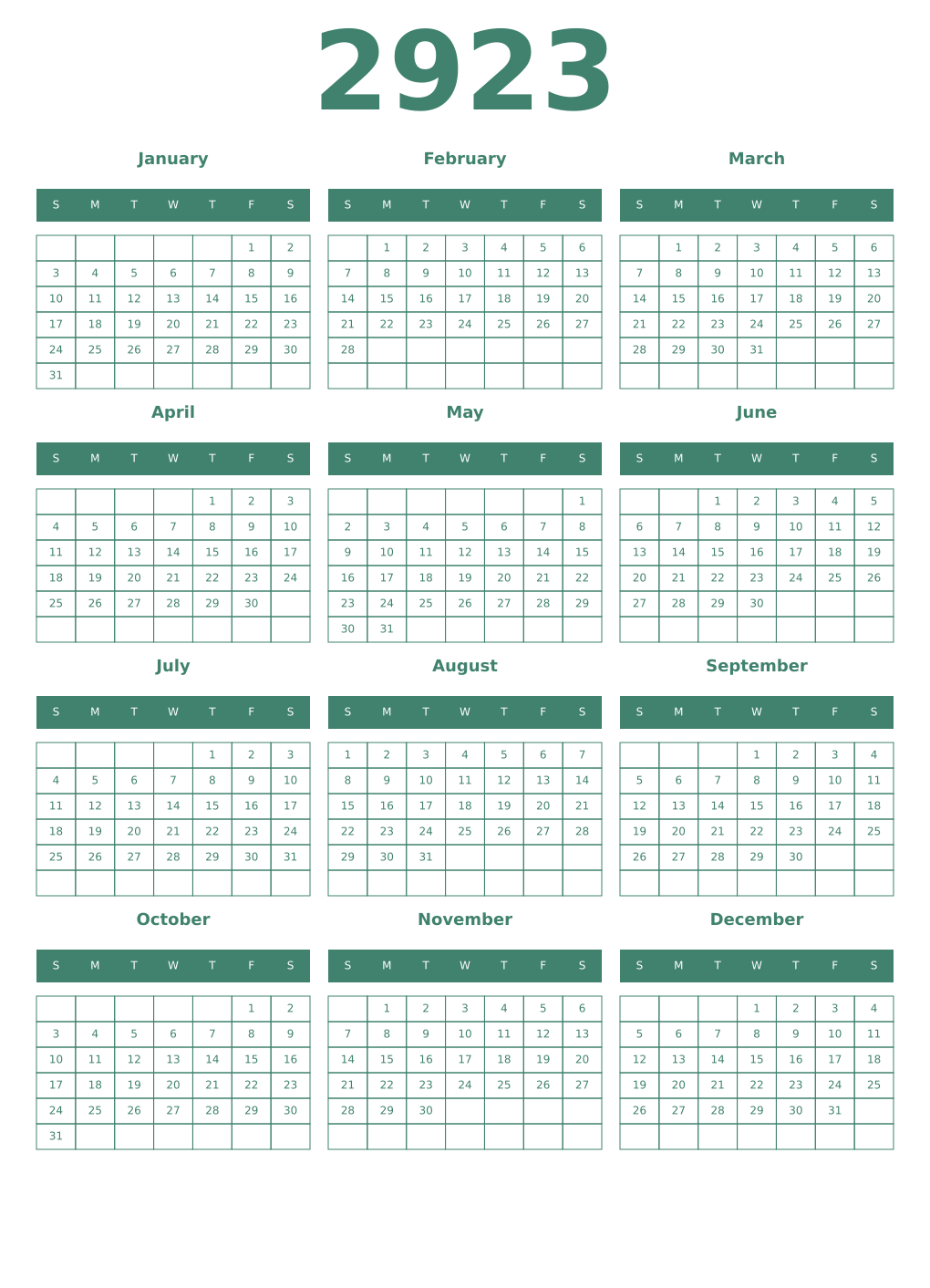 Printable 2923 Year Calendars viridian