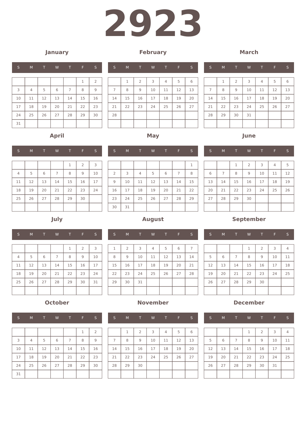 Printable 2923 Year Calendars wenge