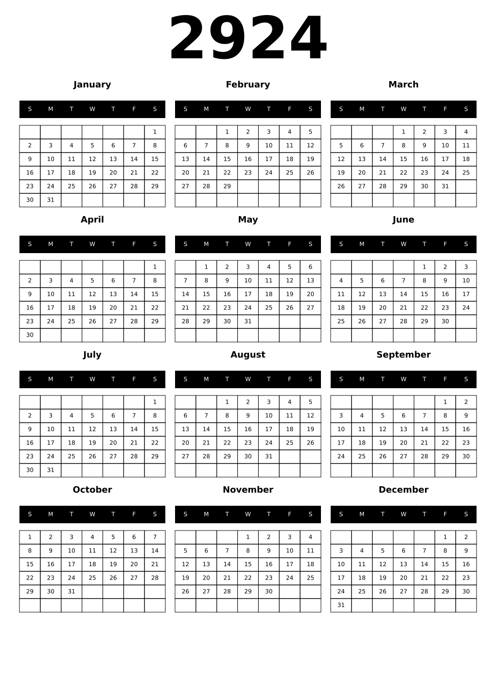 Printable 2924 Year Calendars black
