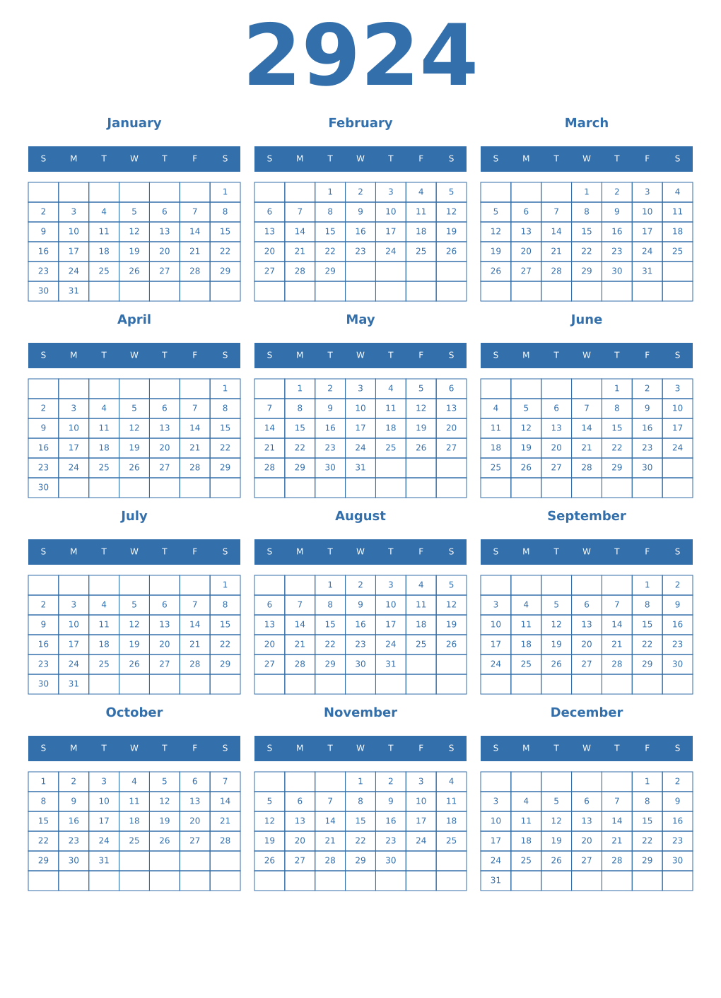 Printable 2924 Year Calendars blue