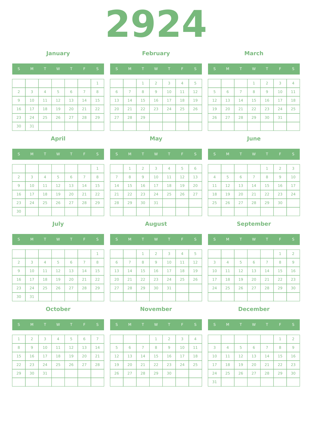 Printable 2924 Year Calendars celadon