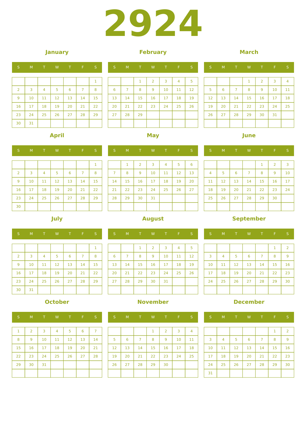 Printable 2924 Year Calendars chartreuse