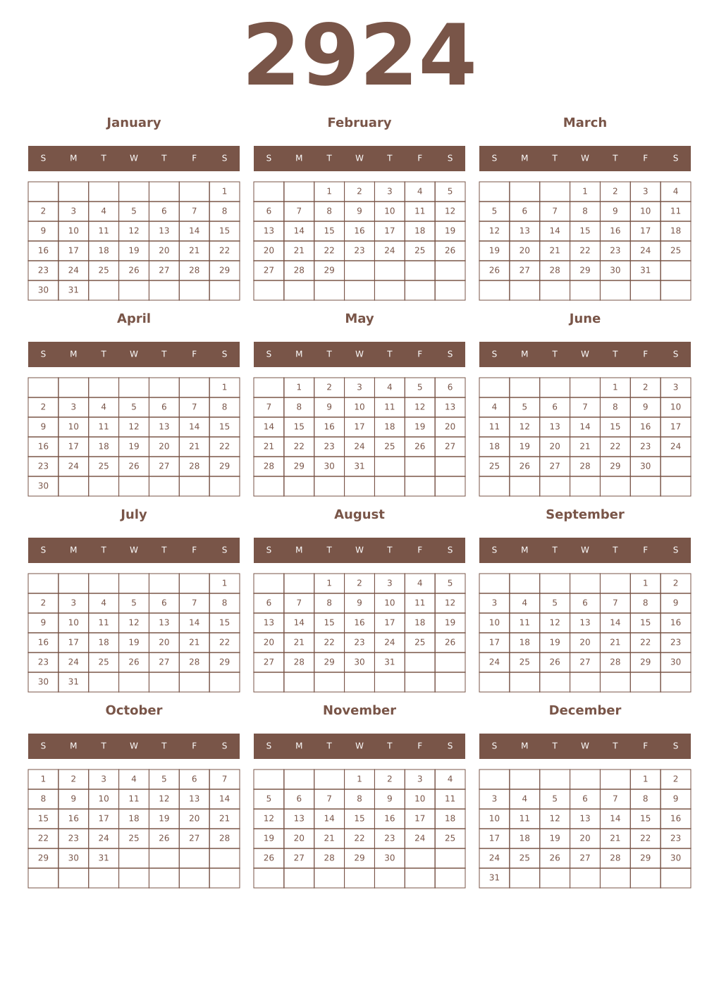 Printable 2924 Year Calendars coffe