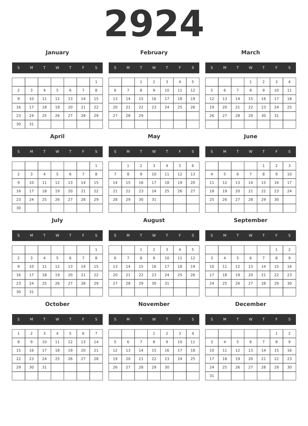 Printable 2924 Year Calendars dark