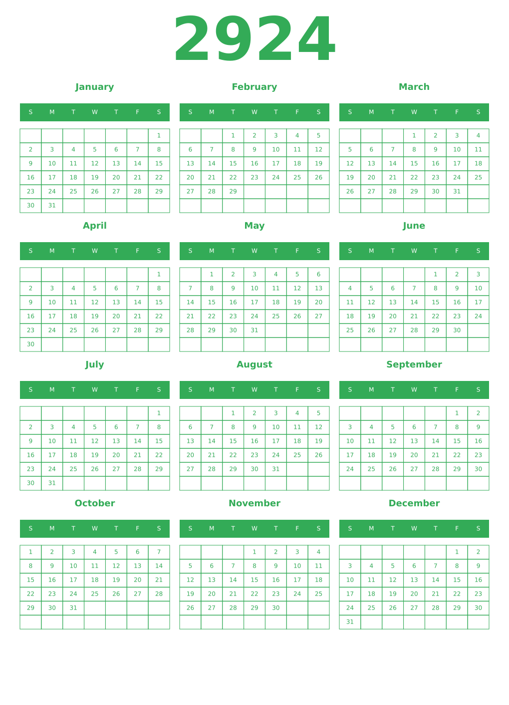 Printable 2924 Year Calendars green