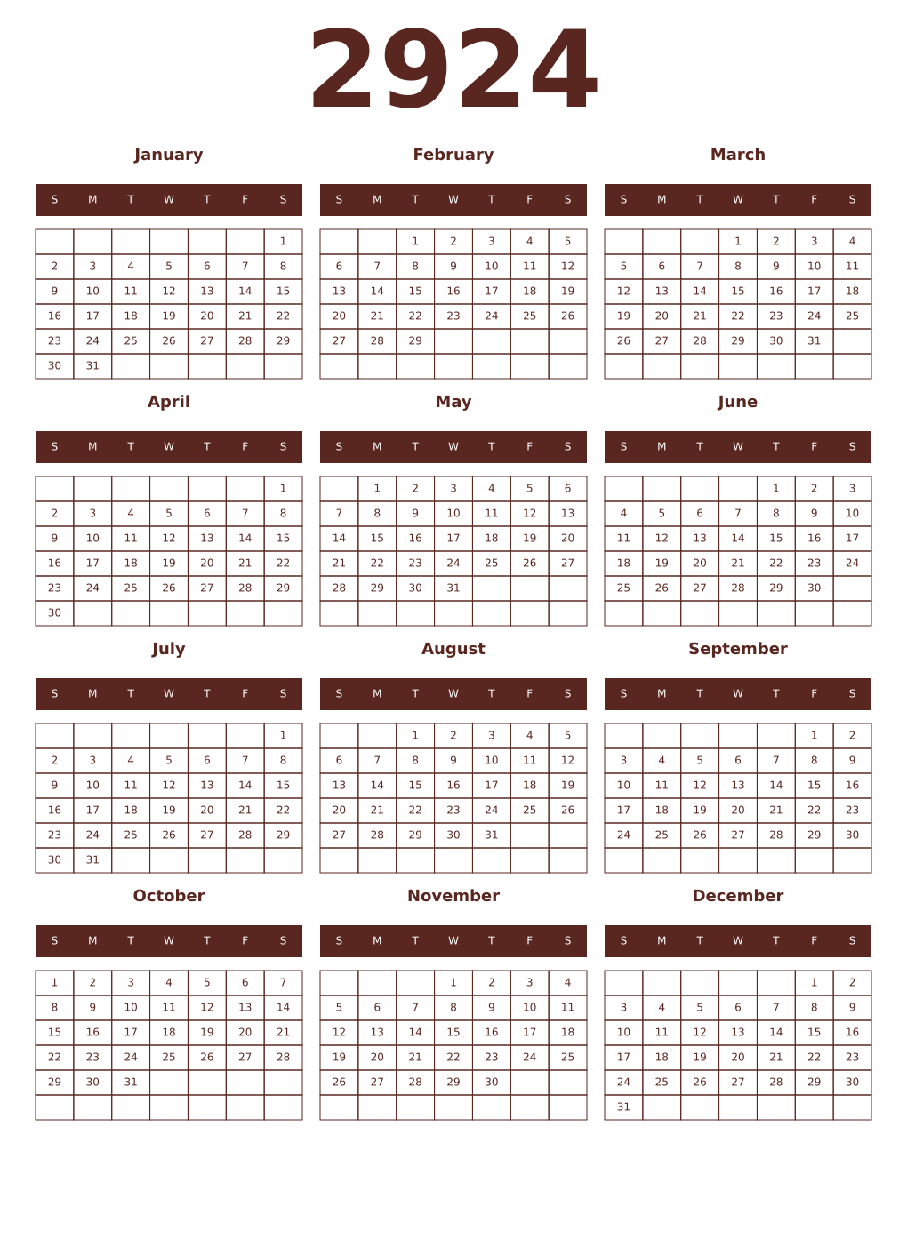 Printable 2924 Year Calendars mortuum