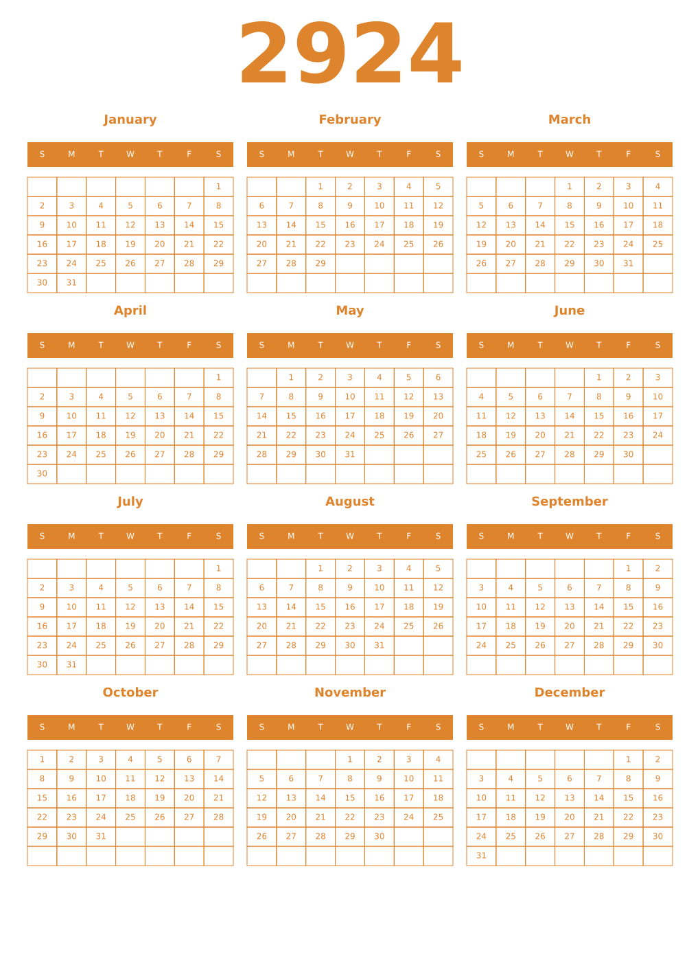 Printable 2924 Year Calendars orange