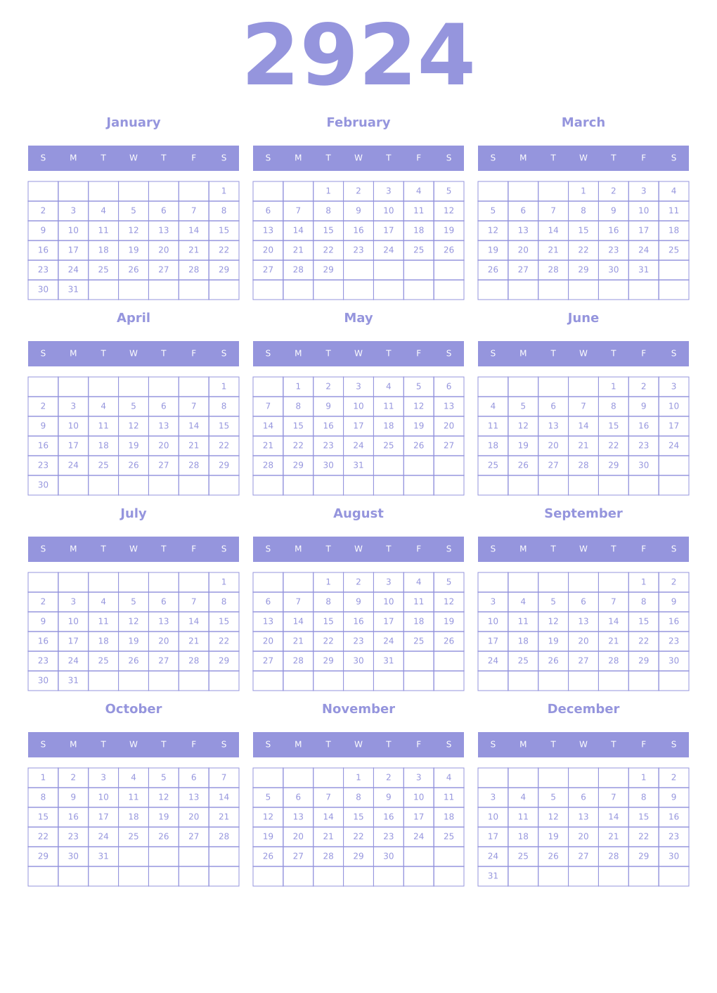Printable 2924 Year Calendars periwinkle