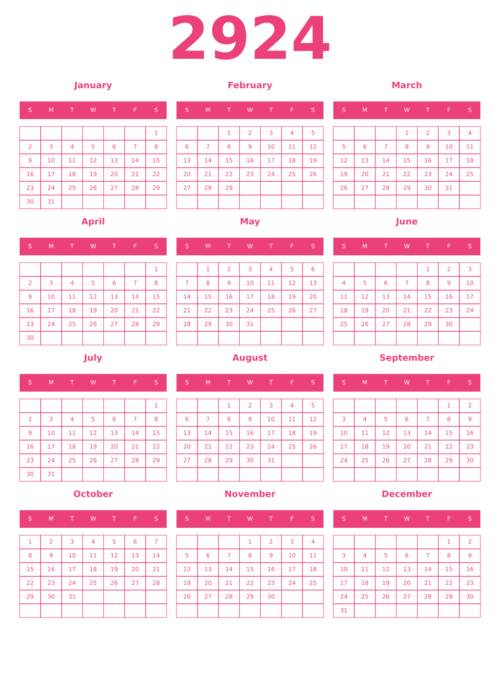 Printable 2924 Year Calendars pink