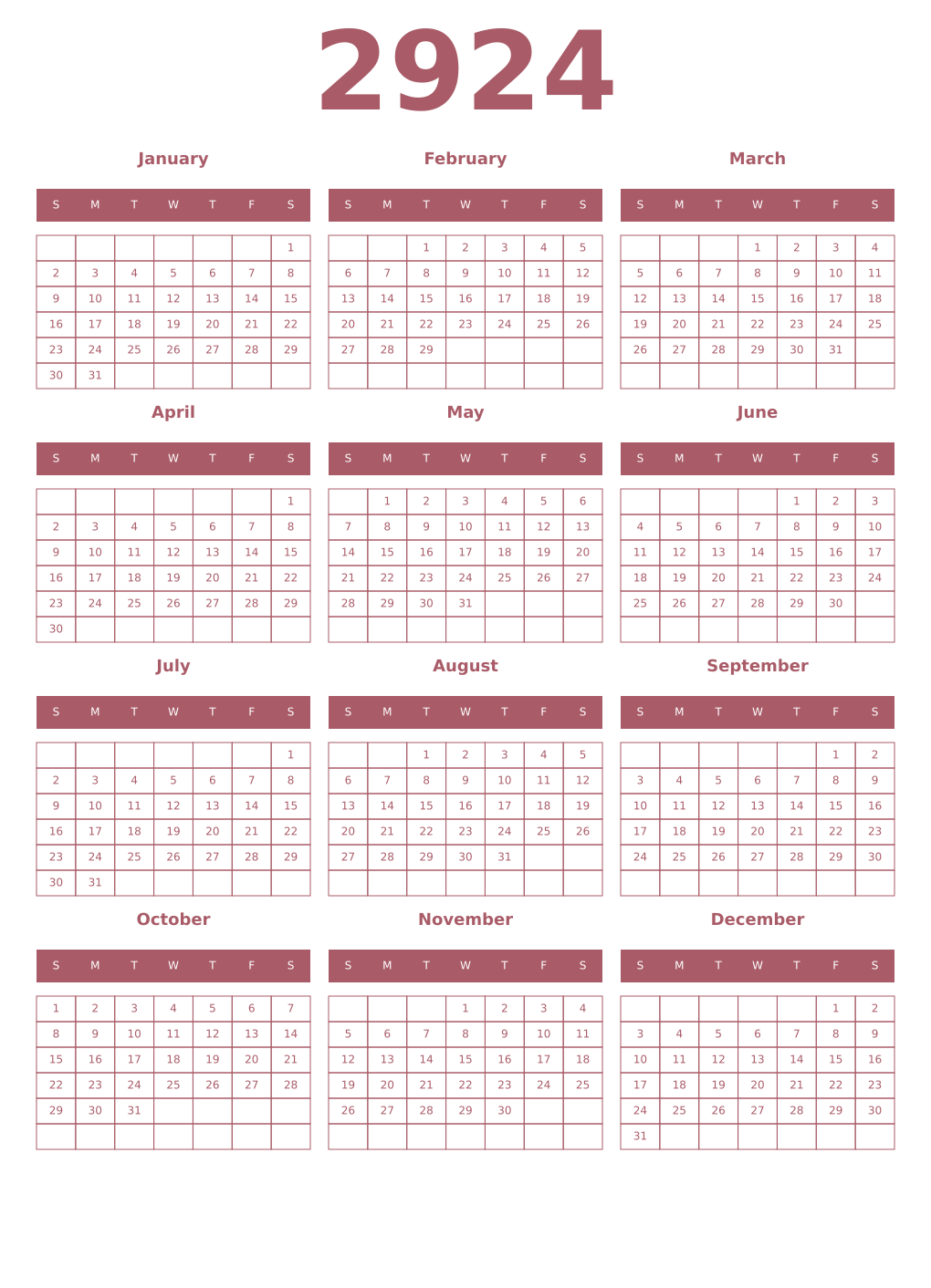 Printable 2924 Year Calendars puce