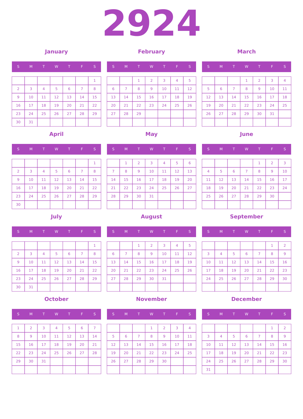Printable 2924 Year Calendars purple