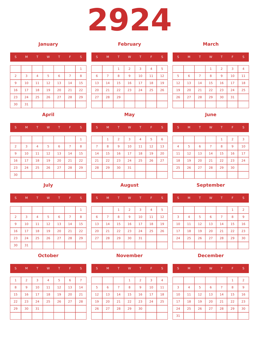Printable 2924 Year Calendars red