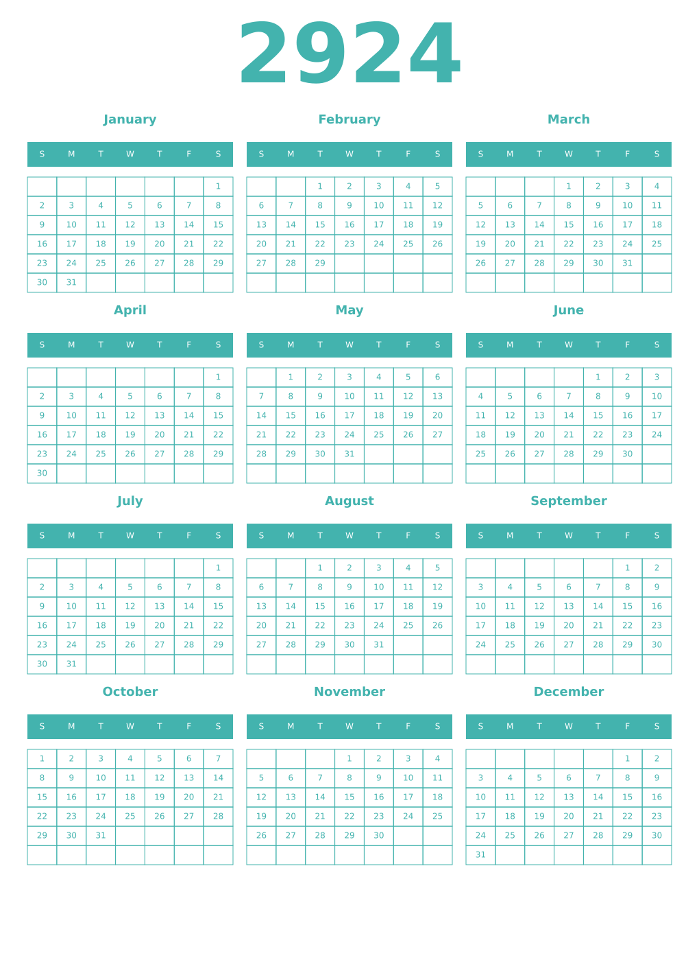 Printable 2924 Year Calendars verdigris
