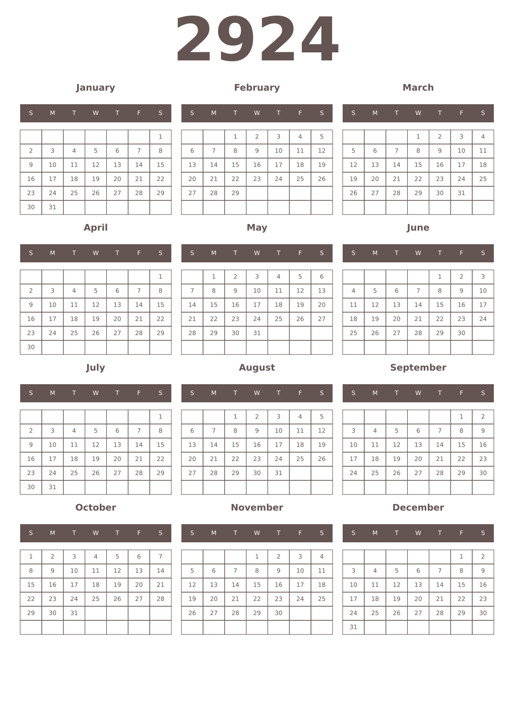 Printable 2924 Year Calendars wenge