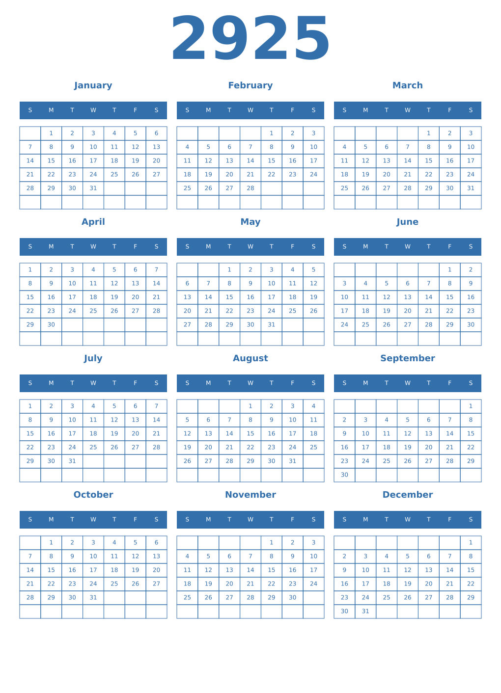 Printable 2925 Year Calendars blue