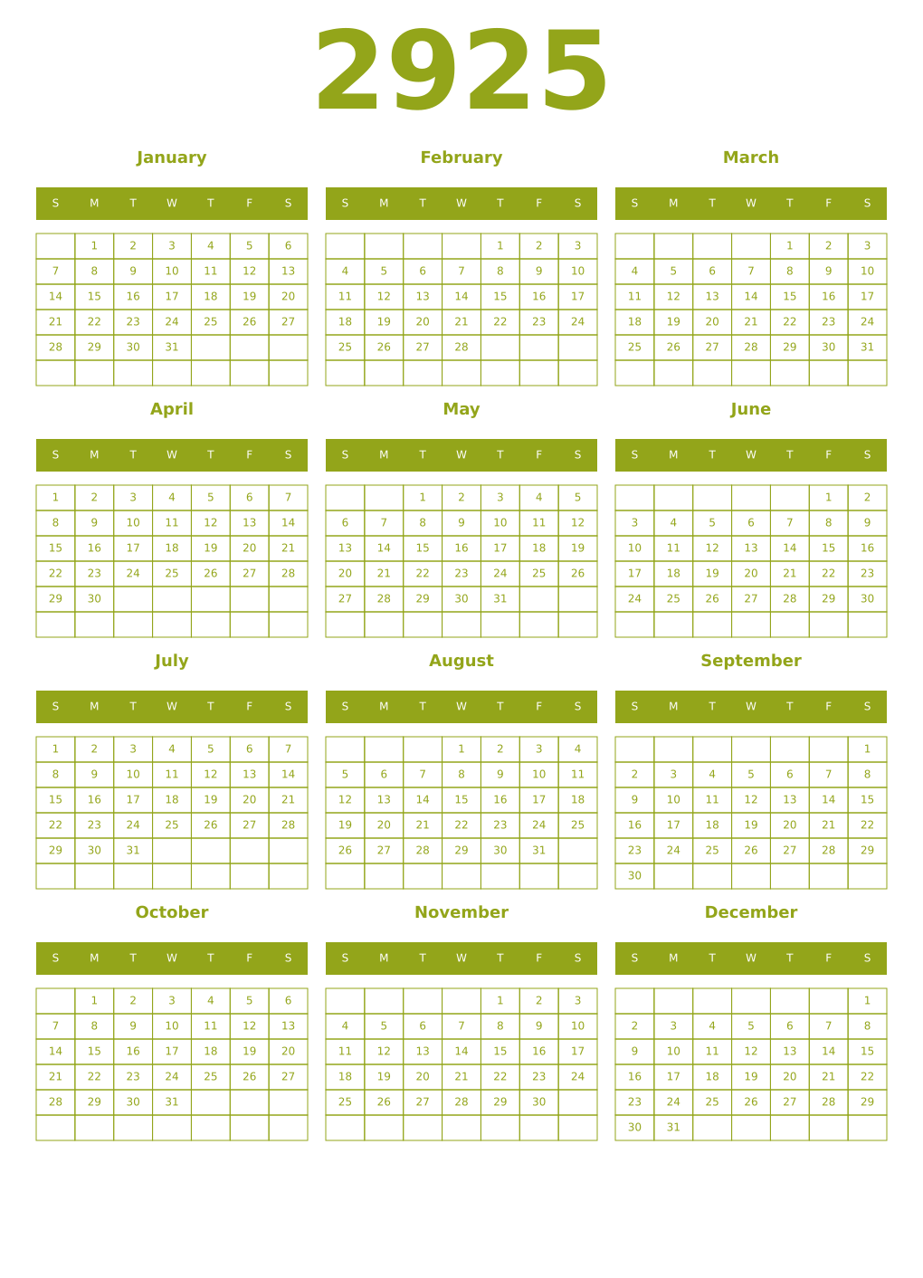 Printable 2925 Year Calendars chartreuse