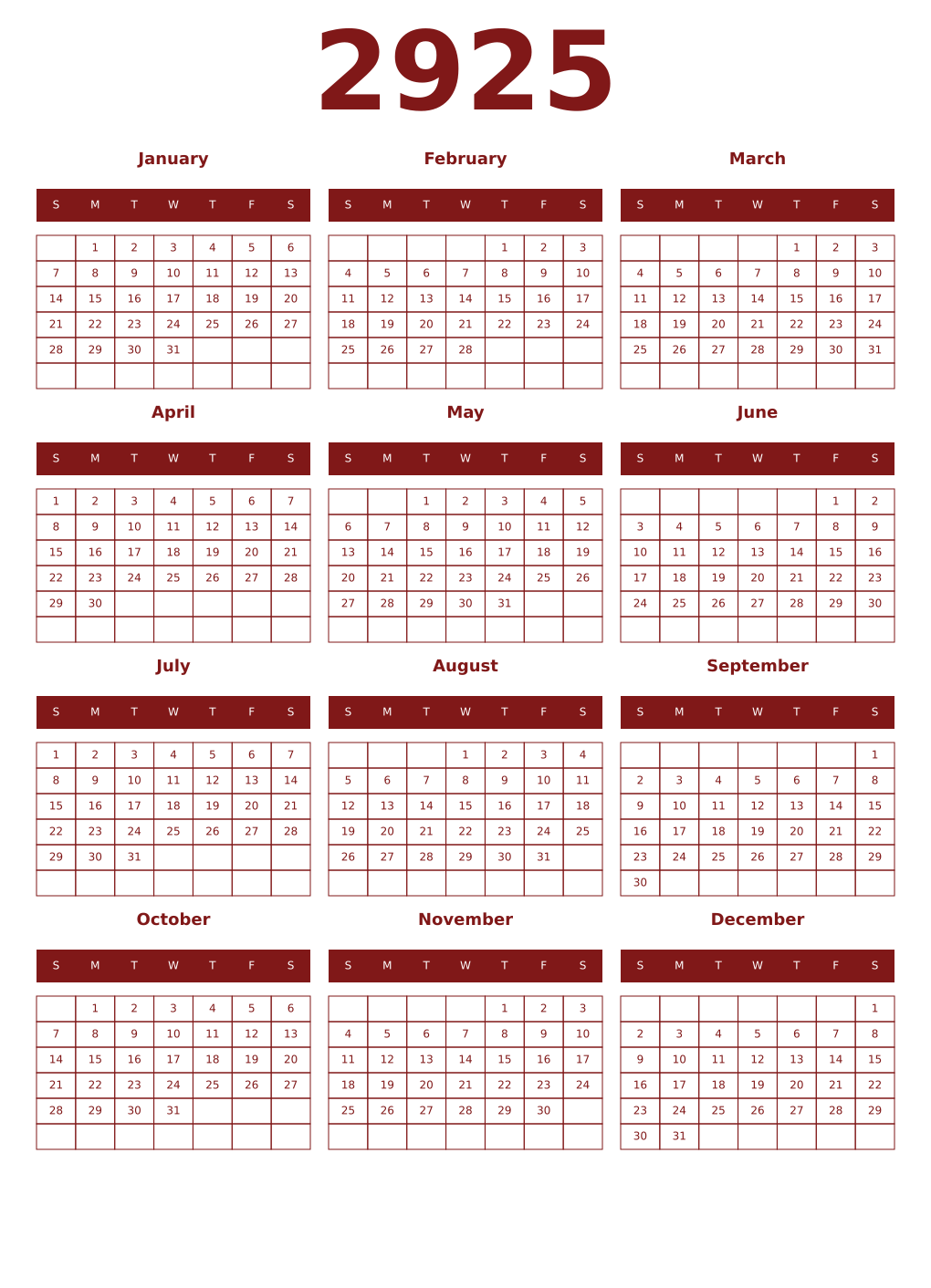 Printable 2925 Year Calendars falu