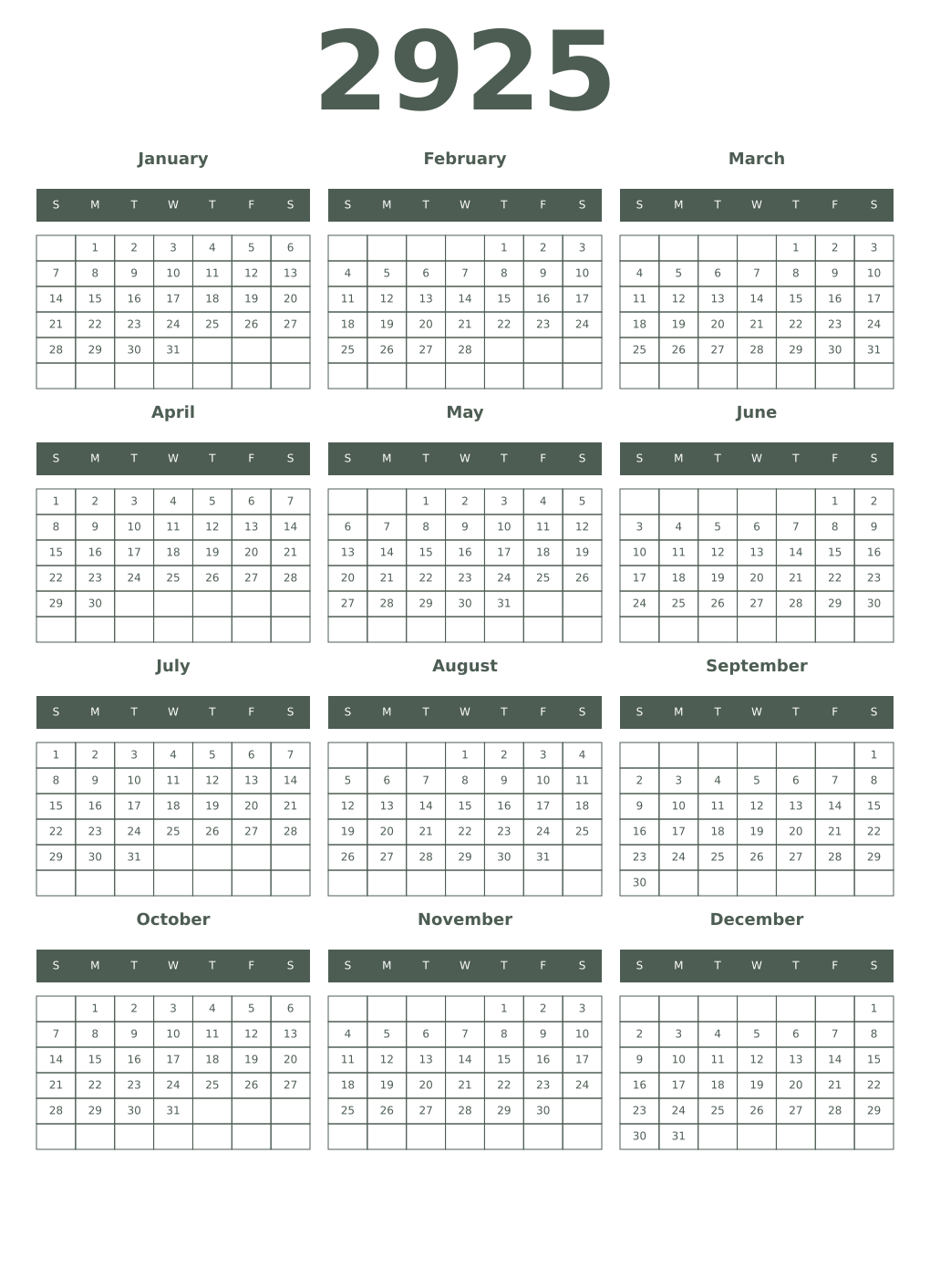 Printable 2925 Year Calendars feldgrau