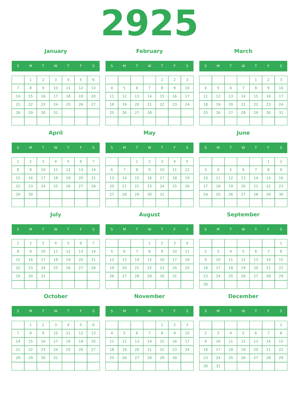 Printable 2925 Year Calendars green