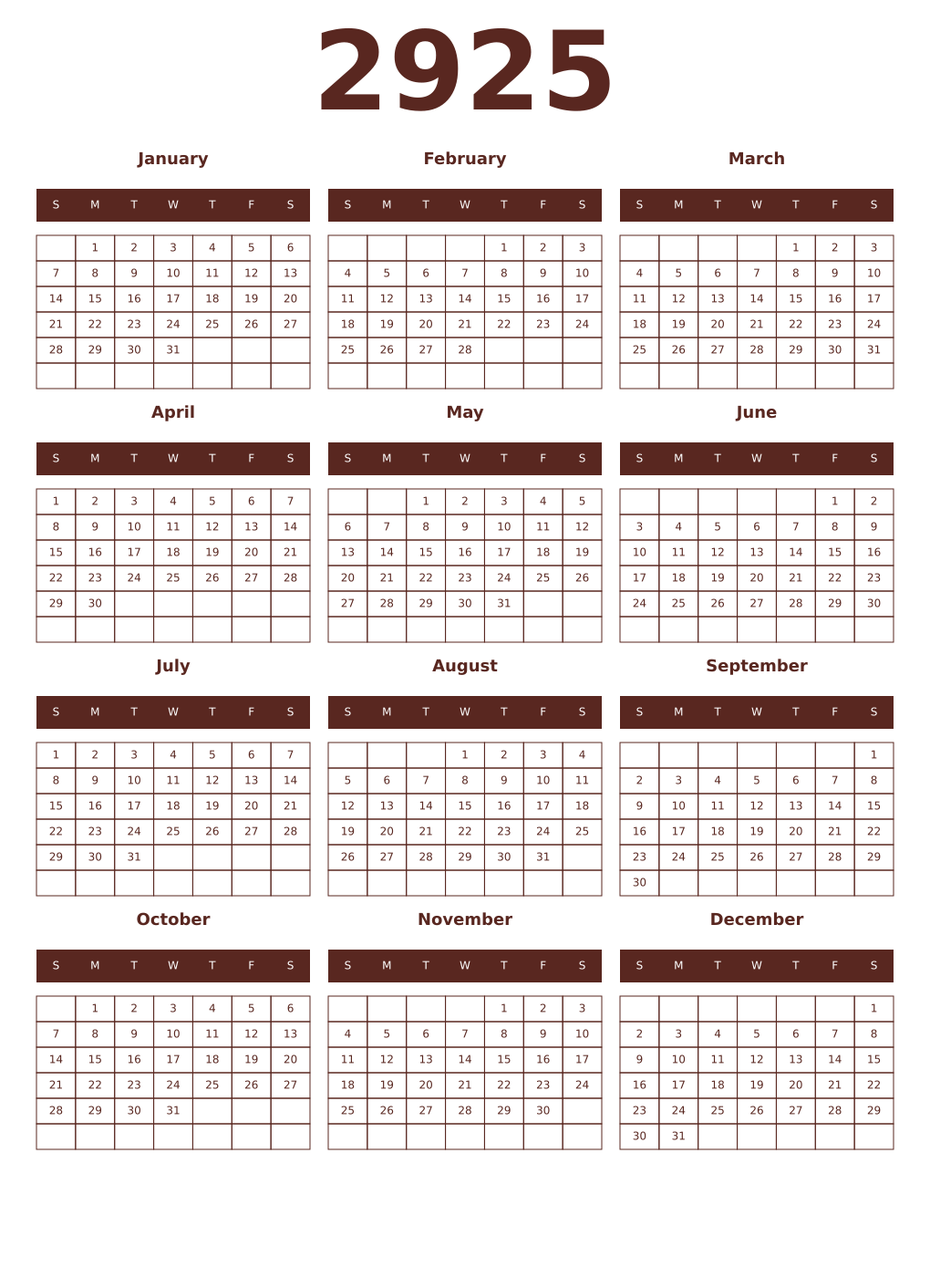 Printable 2925 Year Calendars mortuum