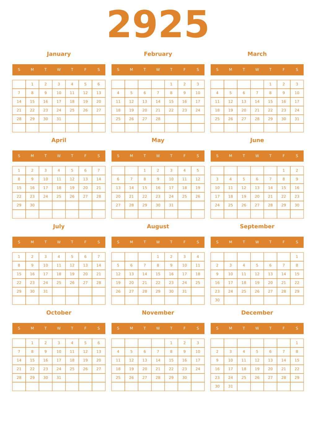 Printable 2925 Year Calendars orange