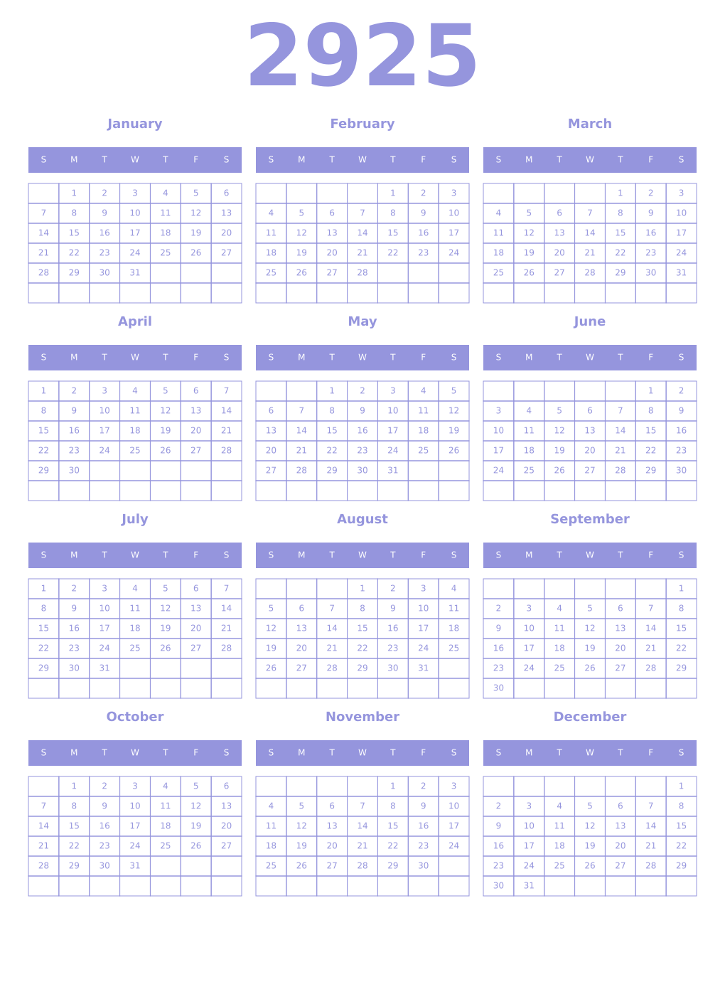 Printable 2925 Year Calendars periwinkle
